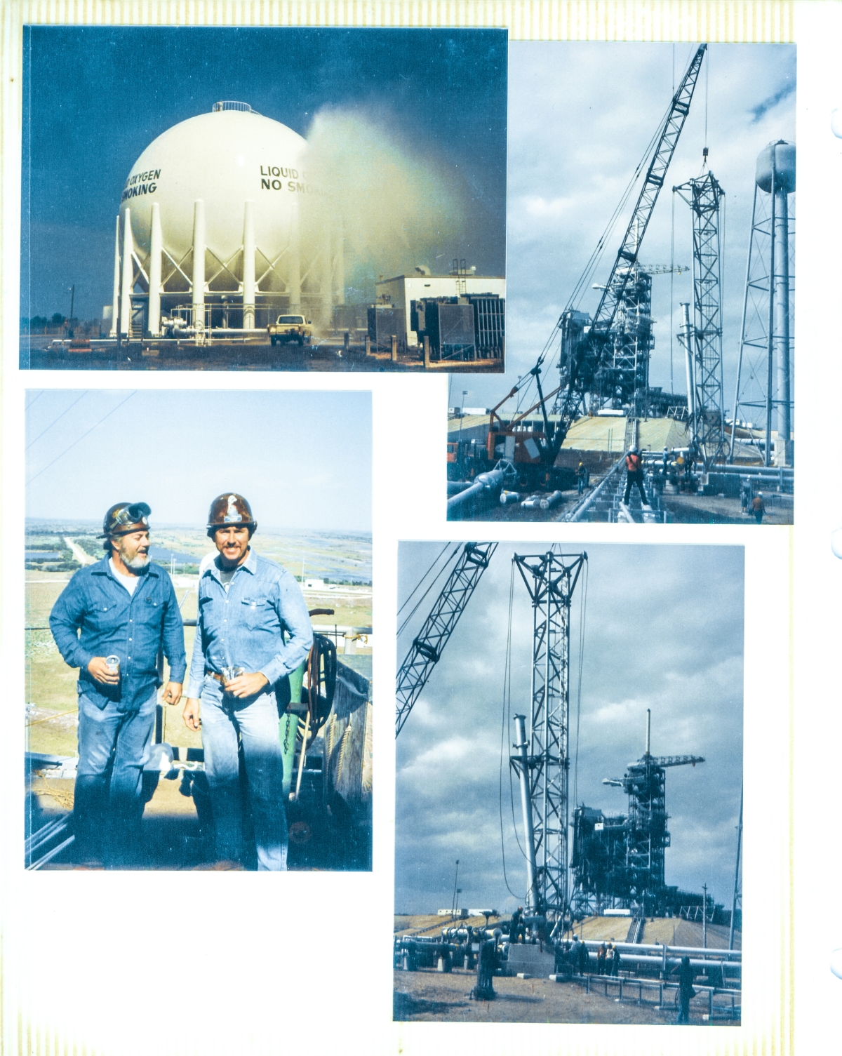 Space Shuttle Launch Complex 39-B, Kennedy Space Center, Florida, Top left: LOX Tank Fire Suppression Water Functional Test, right, top and bottom: Erecting the LH2 Flare Stack, bottom left: Union Ironworkers from Local 808, working for Ivey Steel.